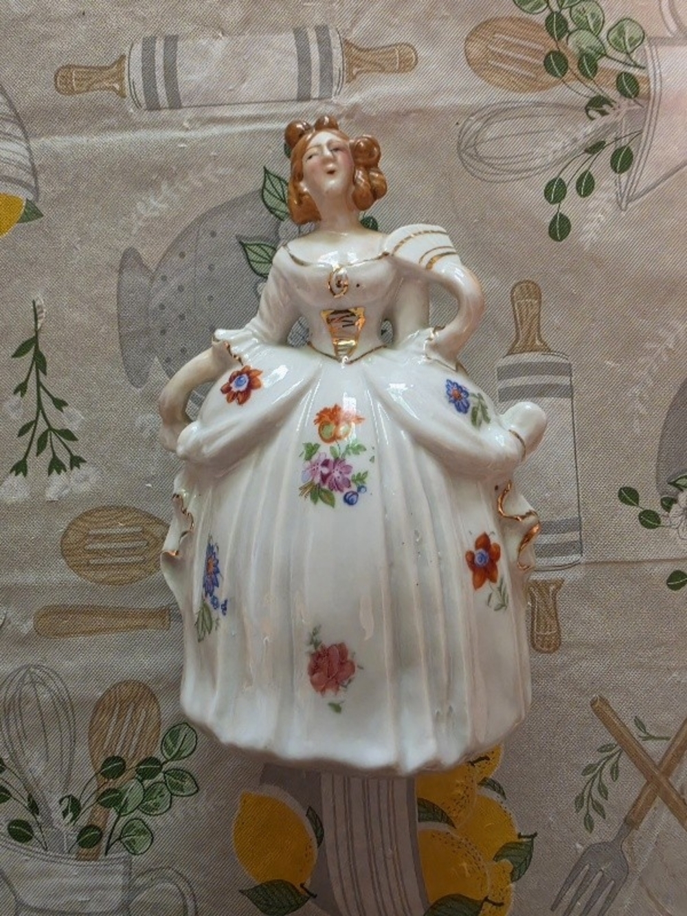 Porcelain Lady Figurine in White with Multicolor Floral Accents